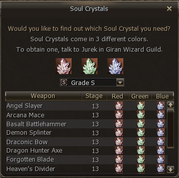Soul Crystal requirements by weapon
